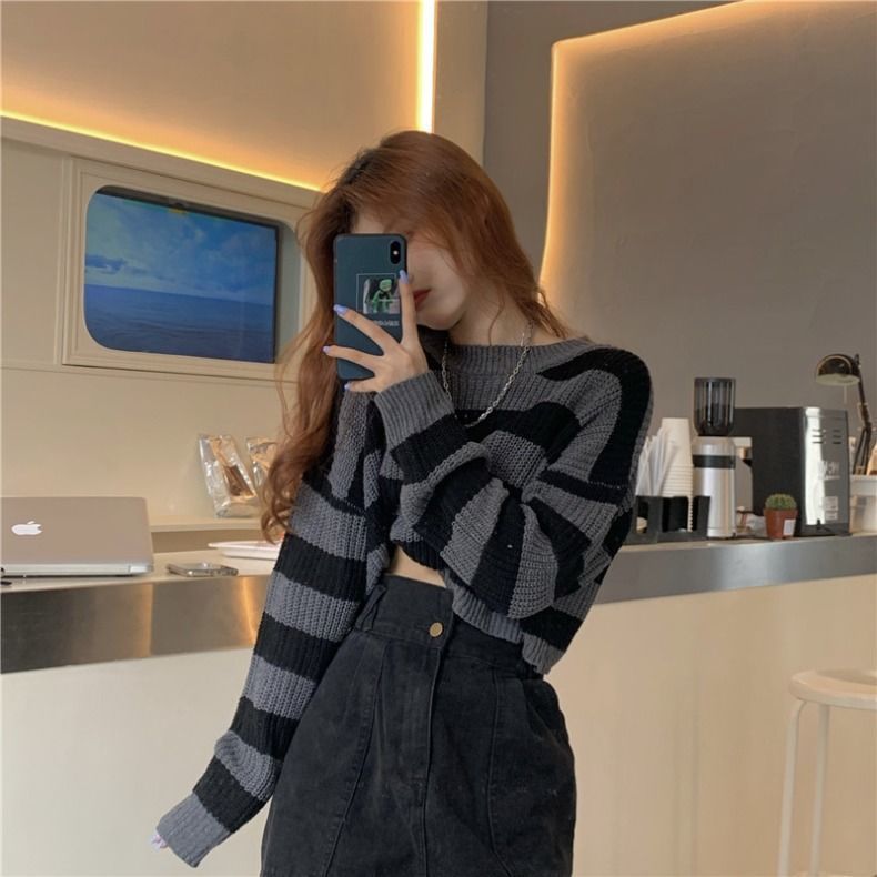 Spring and autumn outer wear pullover lazy y2k sweater retro navel casual Harajuku top hit color striped sweater women alx