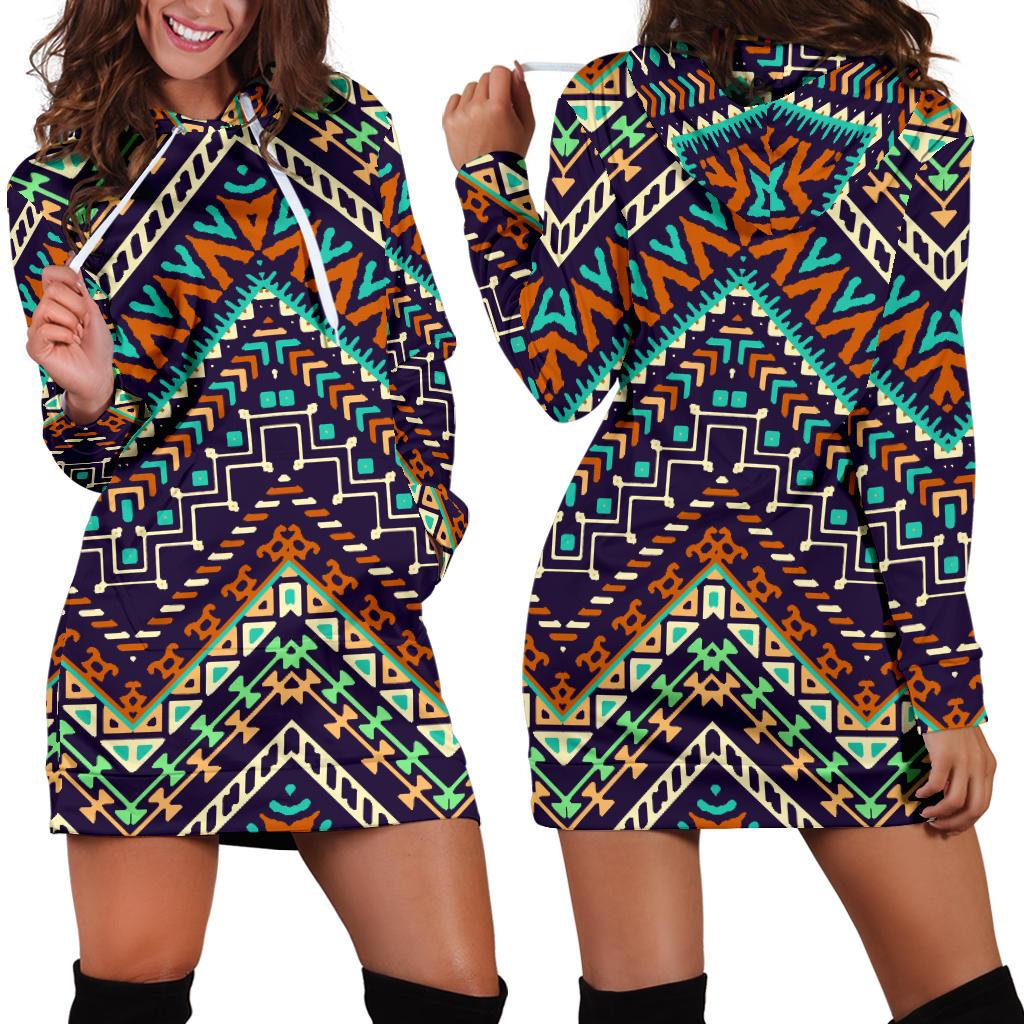 Zigzag African Afro Dashiki Adinkra Kente Women Hoodie Dress