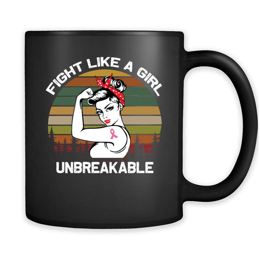 Fight Like A Girl Unbreakable, Strong Girl Breast Cancer Awareness, Retro VIntage Design – Full-Wrap Coffee Black Mug