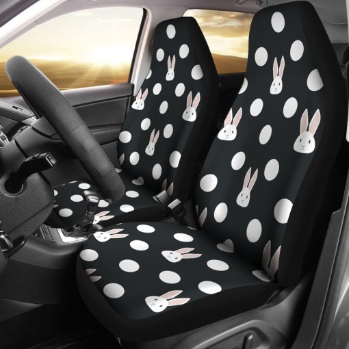 Cute White Rabbit Polka Dots Black Background Universal Fit Car Seat Covers 6639