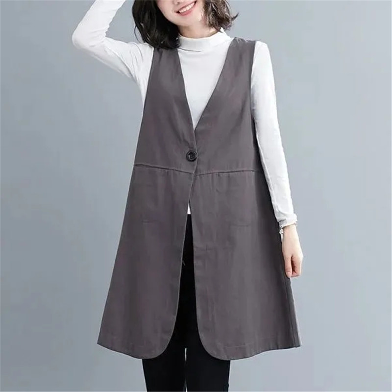 Cotton Linen Vest Women Waistcoat New Spring Summer Loose V-Neck Sleeveless Vest Top Long Grey Black Casual Vest Jacket Female alx