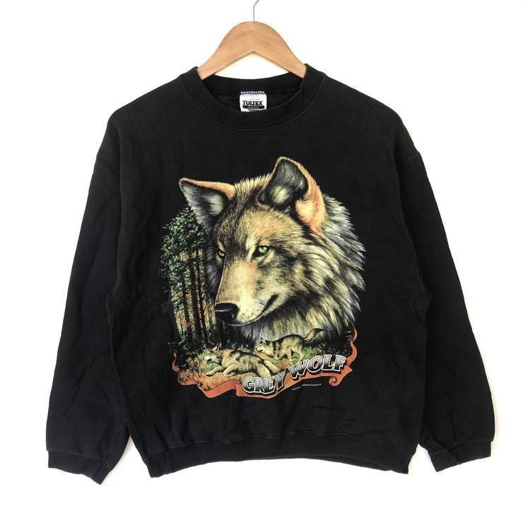 Vintage 90S Grey Wolf By Thunder Sportswear Design Usa Black Pullover Animal Street Art Gift For Her Him Werewolf Shirt