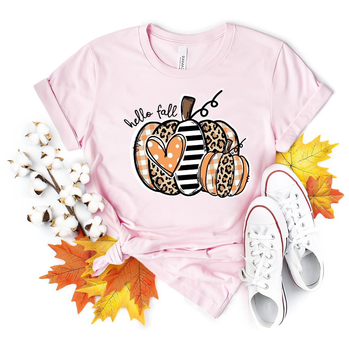 Classic T-Shirt For Women Hello Fall Cute Pumpkin Heart Printed Plaid Stripe Leopard Design Thanksgiving Shirt