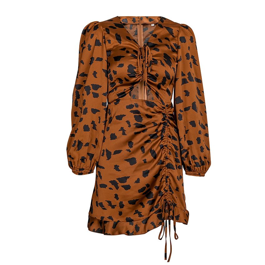 Short Dress Thin V-neck Leopard Print Long Sleeve