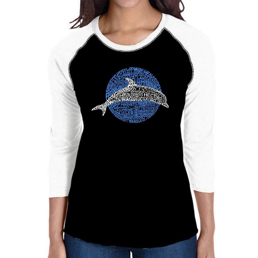 LA Pop Art Women’s Raglan Baseball Word Art T-shirt – Species of Dolphin