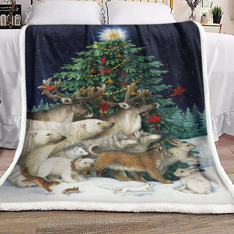 Christmas Tree Bear Reindeer Rabbit Wolf BT2111048F Sherpa Fleece Blanket