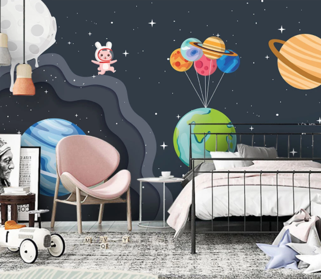 3D Cartoon Space Colorful Star Saturn Planet Baby Bunny Wall Mural Wallpaper Lxl