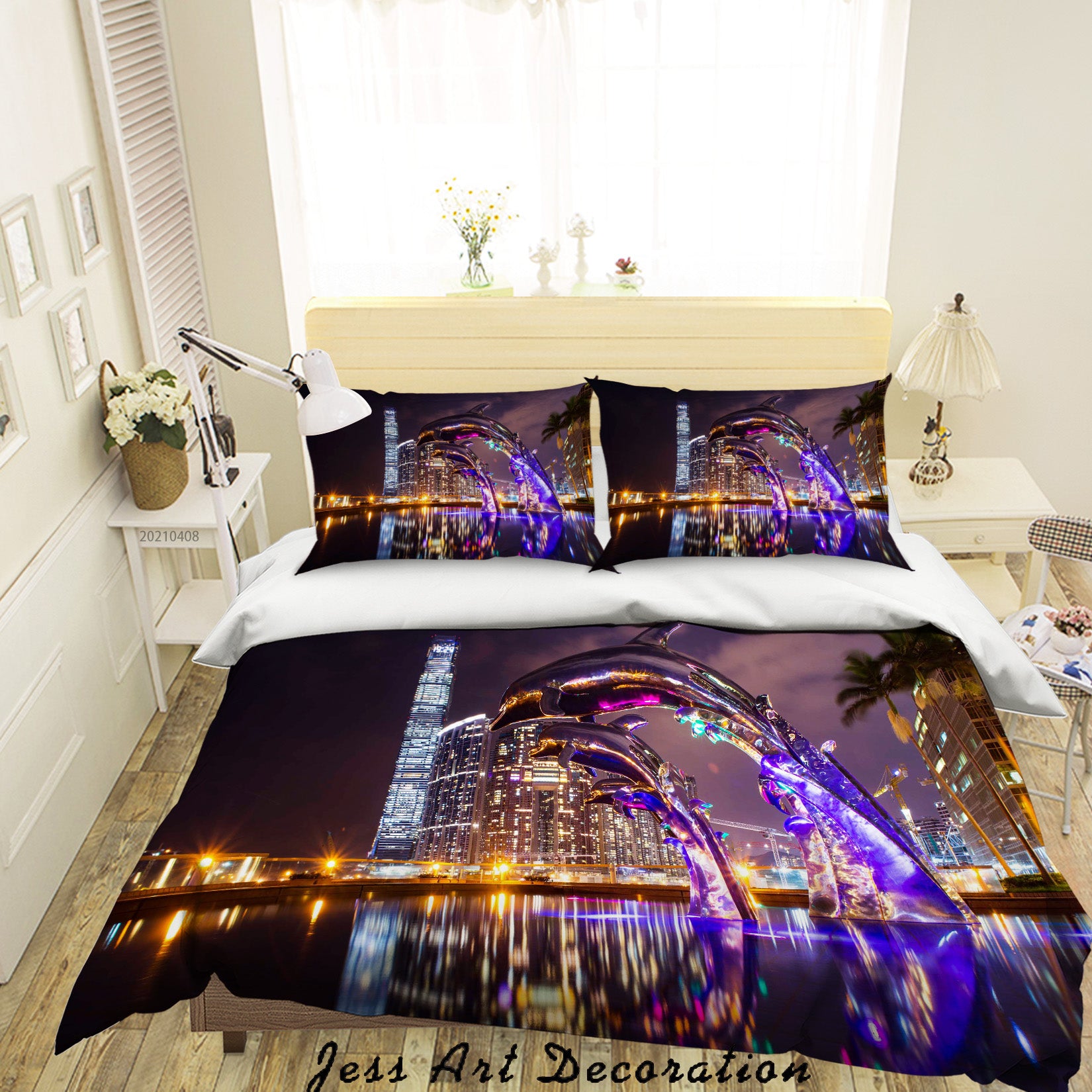 3D City Dolphin Sculpture Night View Quilt Cover Set Bedding Set Duvet Cover Pillowcases 153