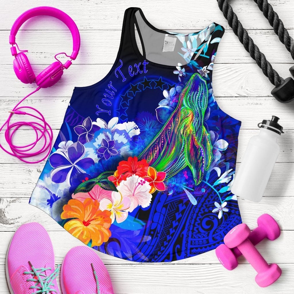 Cook Islands Custom Personalised Women’S Racerback Tank  – Humpback Whale With Tropical Flowers (Blue)