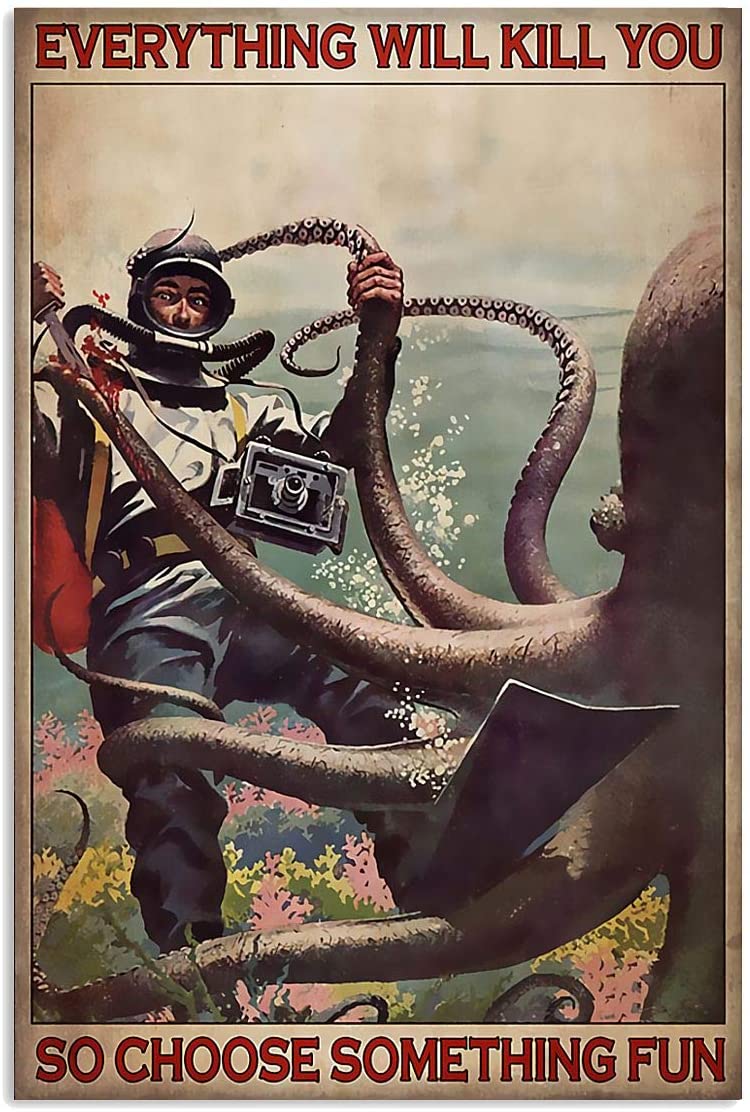 Vintage Scuba Diving And Octopus – Choose Something Fun Poster Art Print      Home Decor Gift For Men Women Family Friend On Birthday Xmas