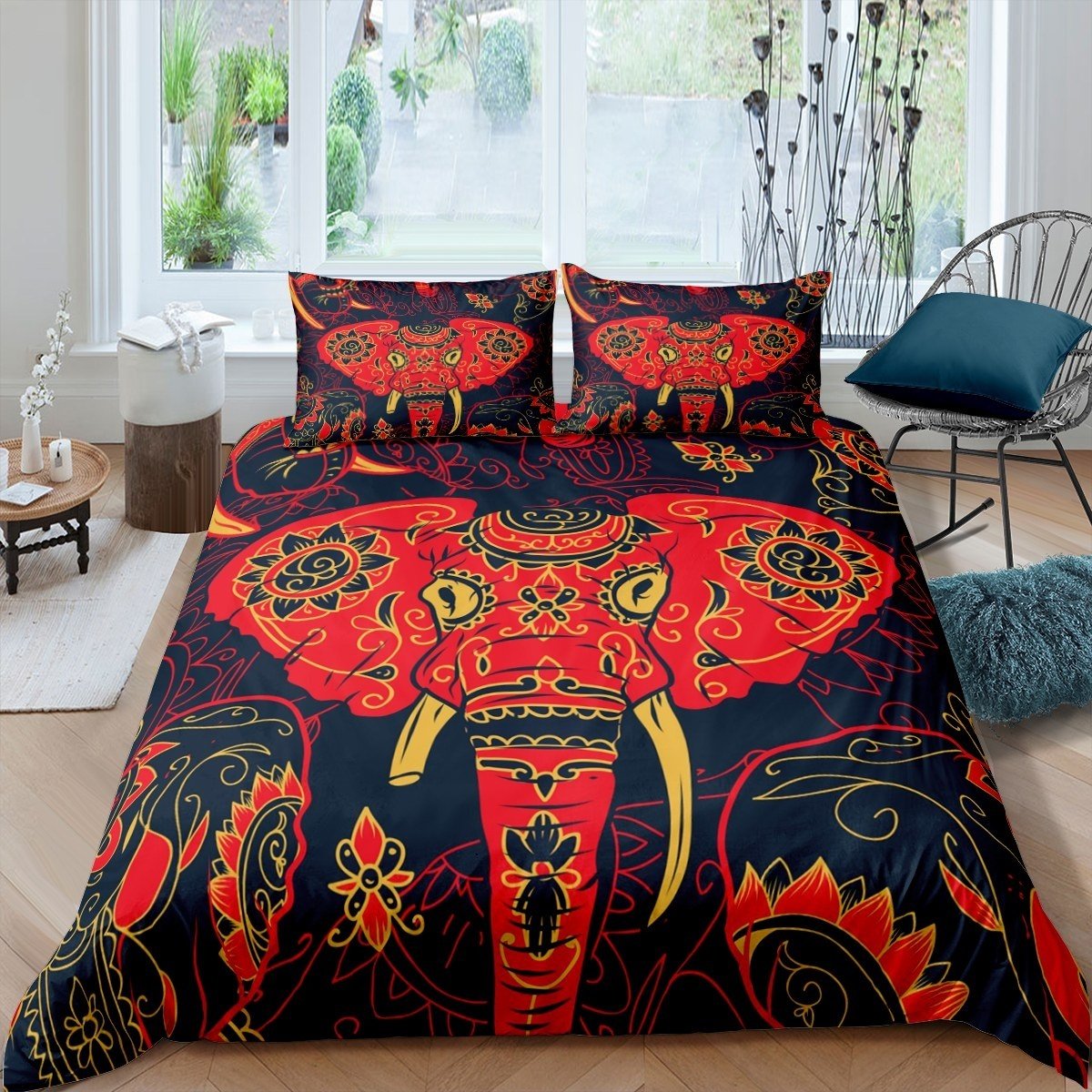 Bohemian Elephant Bedding Set for Kids Boys Adults Boho Exotic Style Duvet Cover 3D Animal Pattern Comforter Cover Indian Tribe Bedspread Cover,Room Decor 2/3Pcs Bedding