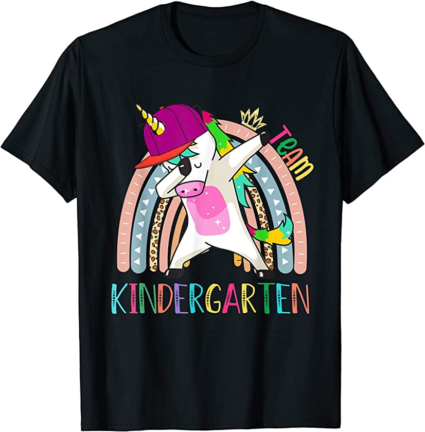 Dabbing Unicorn Team Kindergarten Leopard Rainbow Teacher T-Shirt