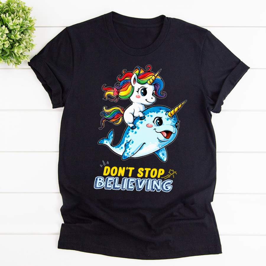 Unicorn riding shark don’t stop believing black cotton t shirt for men and women s-6xl