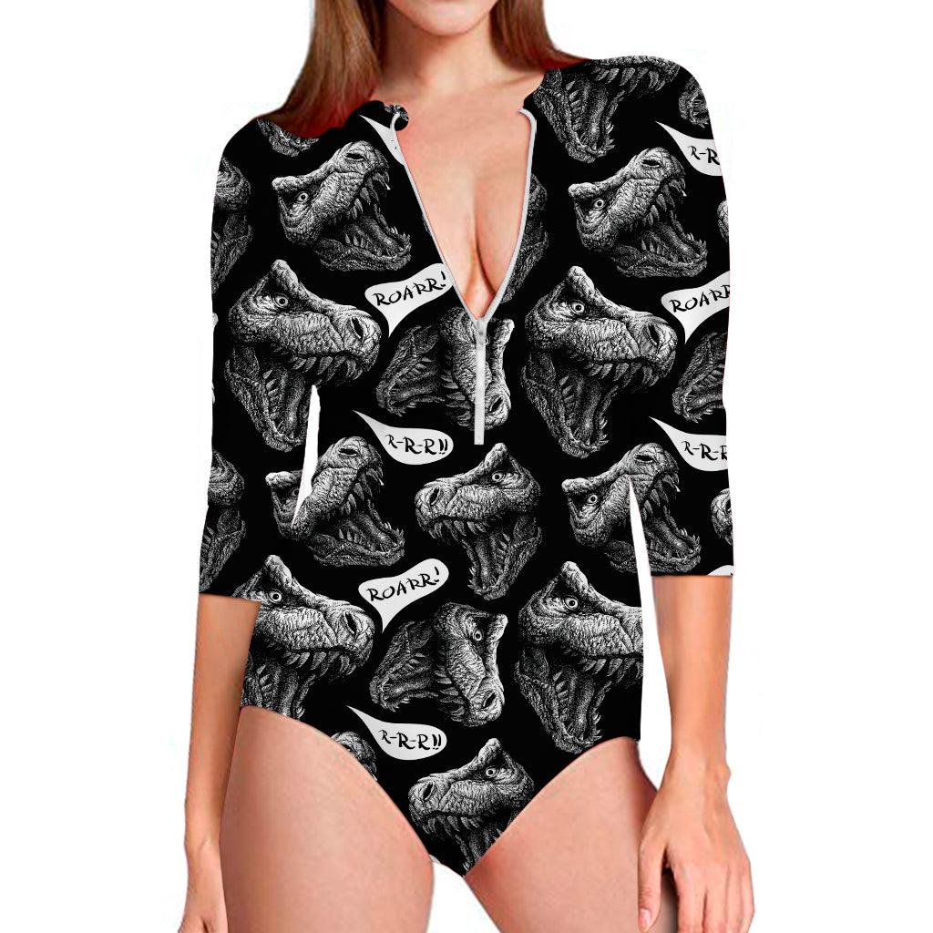 Black And White T-Rex Dinosaur Print Long Sleeve One Piece Swimsuit