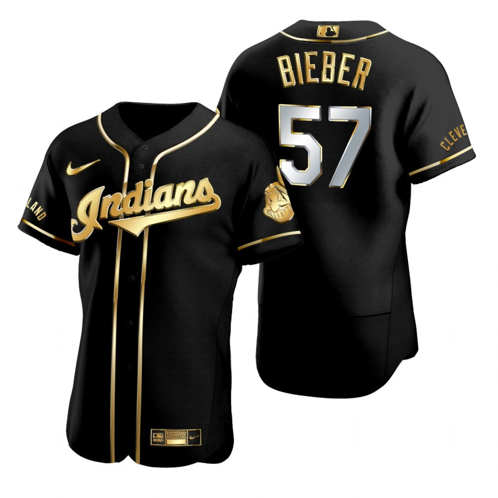 Cleveland Baseball #57 Shane Bieber MLB Golden Brandedition Black Jersey Gift For Cleveland Baseball Fans