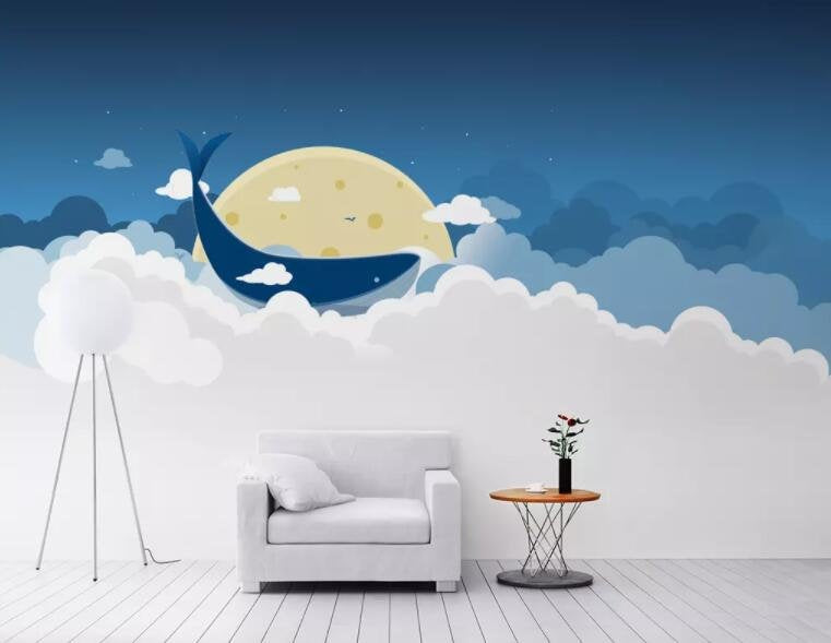 3D White Cloud, Blue Sky, Bright Moon, Whale Wallpaper