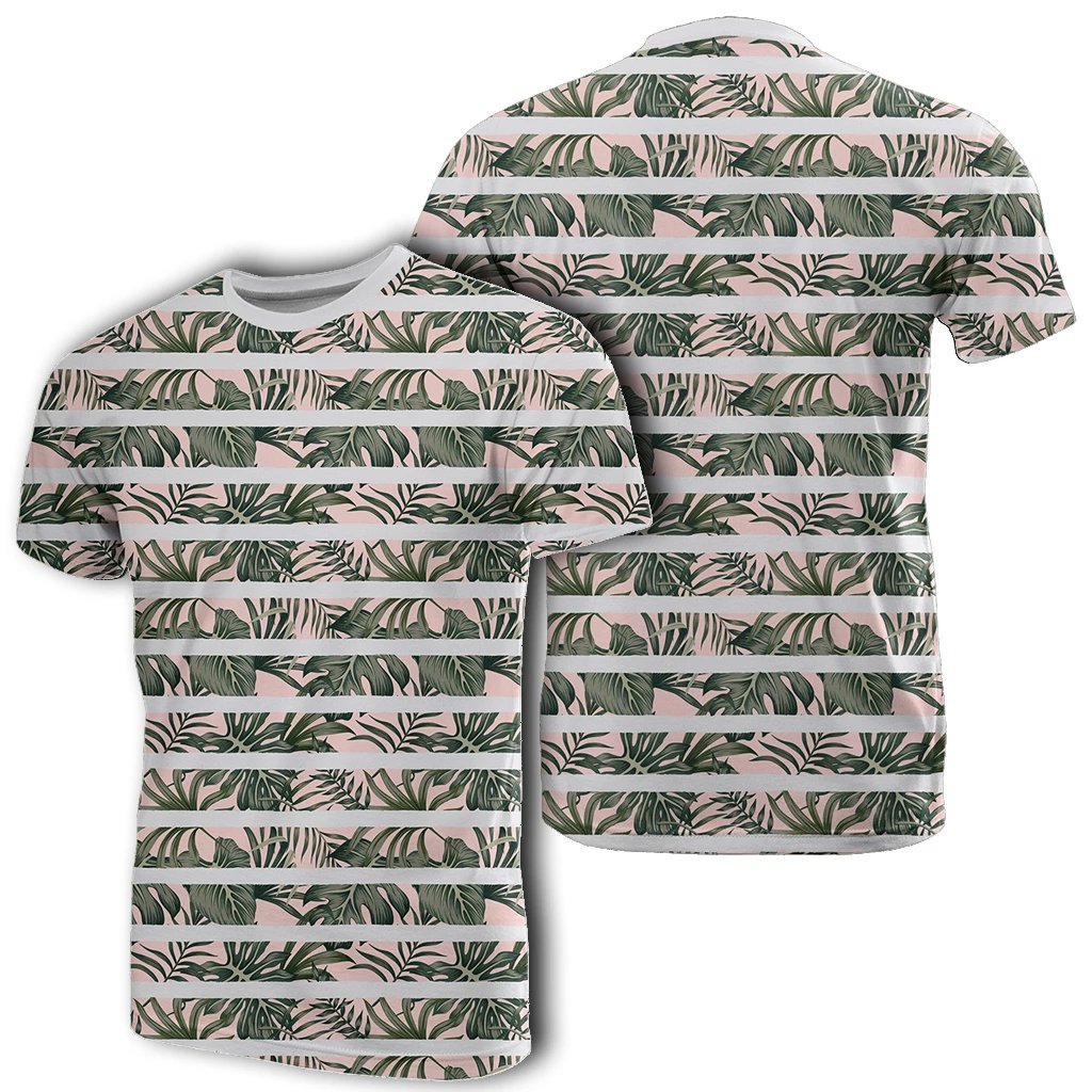 Hawaiian Tropical Dark Green Leaves Seamless Pattern White Stripes Pink Background Ah Ha38222