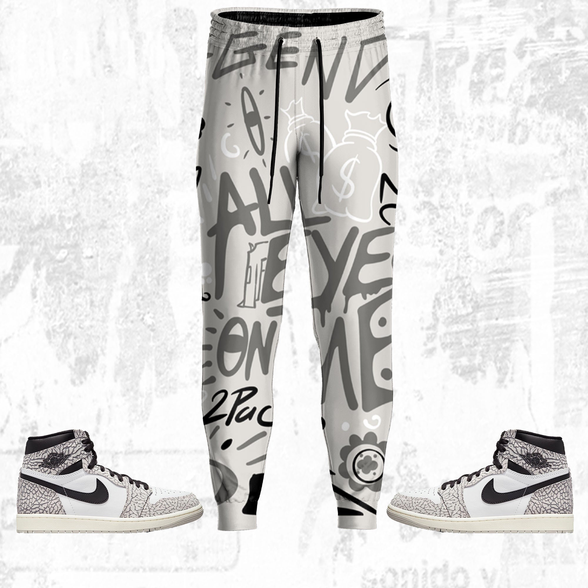 All Eye On Me 3D Doodle Eye ST Unisex Pants match Jordan 1 Elephant Print White Cement, Pants 3D match Jordan Sneaker