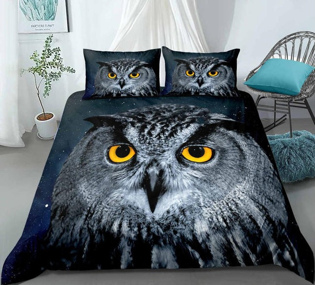 Owl Night And Star Print 3D Animals Duvet Cover Set, Microfiber Fabric Bedding
