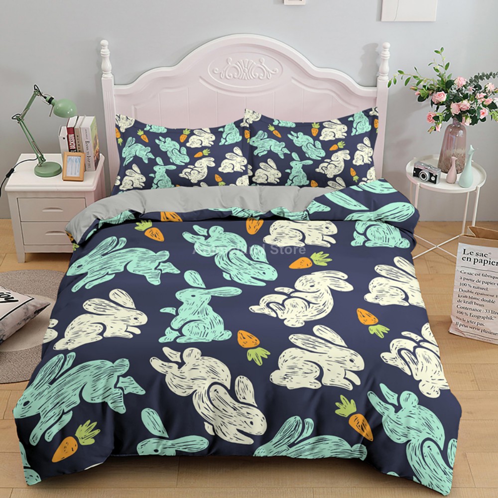 Cute Cartoon Rabbit 3D Print Bedding Set Custom Happy Easter Day Queen Duvet Cover Sets Queen King Size