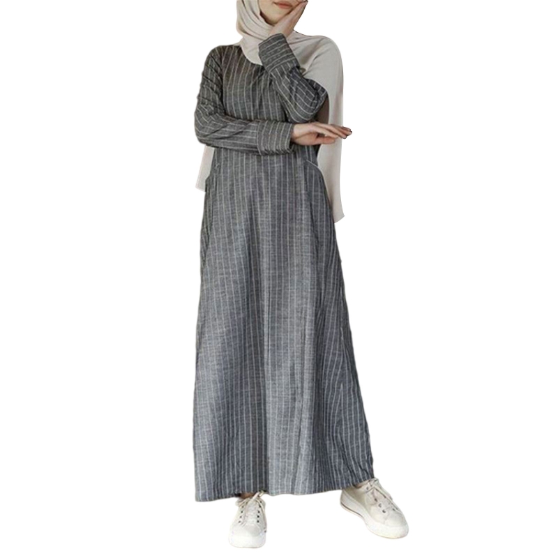 Women Muslim Cotton Linen A-Line Maxi Dress Long Sleeve Striped Abaya Turkey Hijab Robe Islamic Kaftan with Pockets alx