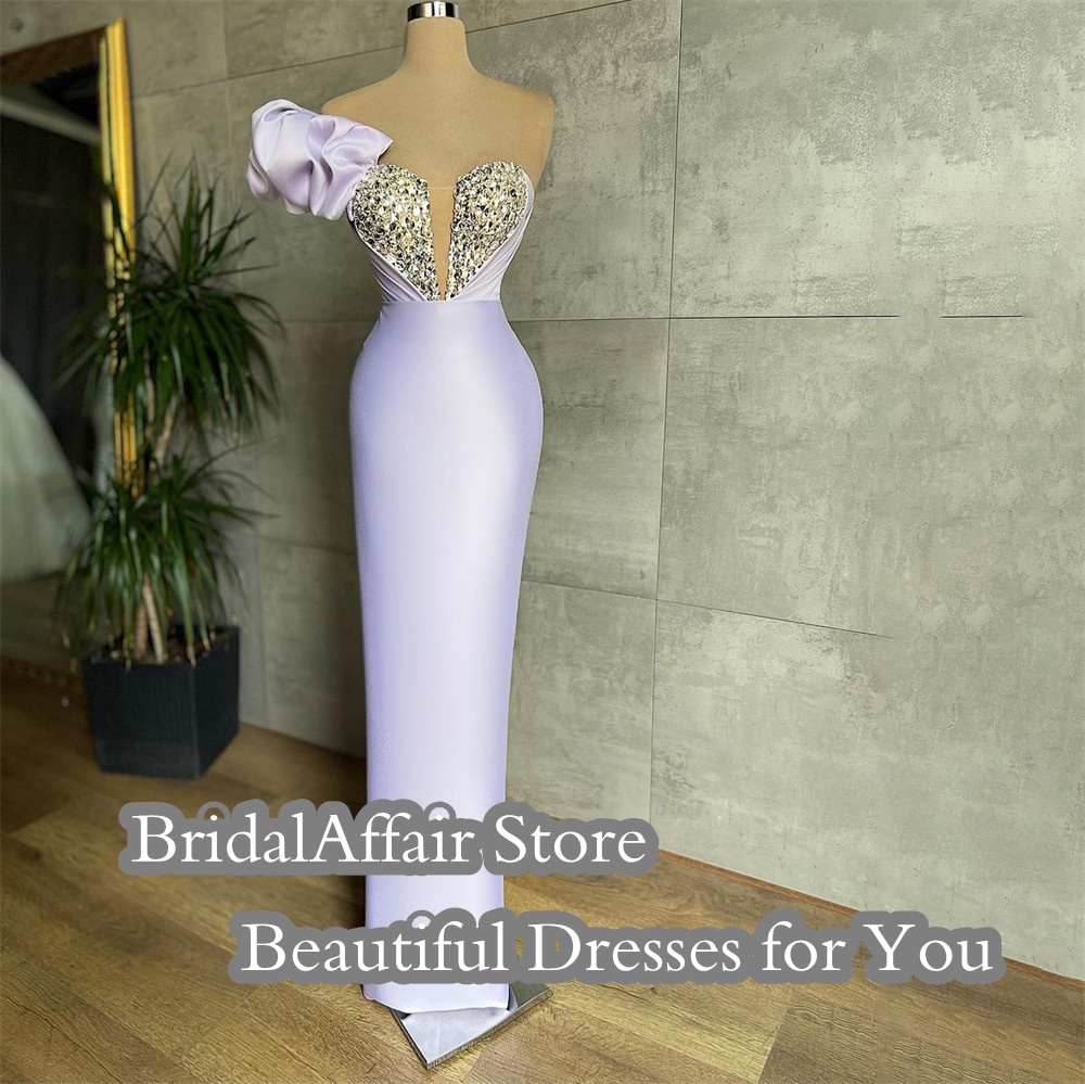 BridalAffair Shiny Lavender Mermaid Evening Dresses Ruched Beaded Off Shoulder Formal Prom Dress Satin Celebrity Party Gowns alx