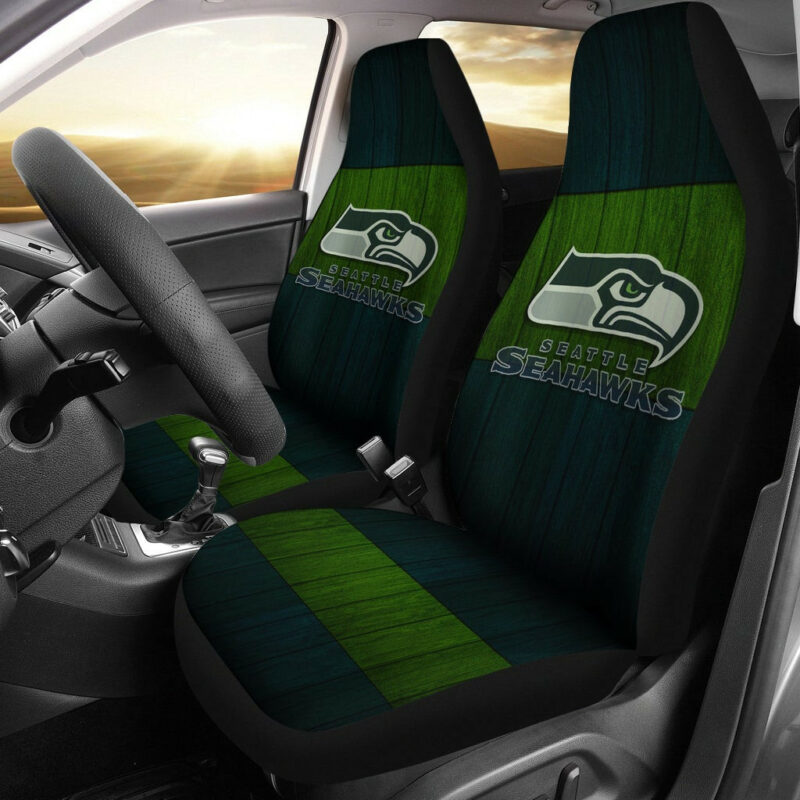 American Football Team Car Seat Covers – Seattle Seahawks Head On Green Wooden Wall Seat Covers