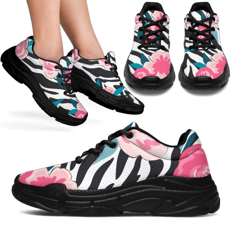 Black White Zebra Floral Pattern Print Chunky Sneakers