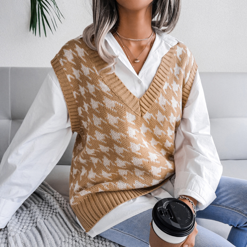 Women Sweaters Autumn Houndstooth Plaid V Neck Knitted Sleeveless Vests Vintage Loose Oversized Female Sweater Vest Tops WDC9705 alx