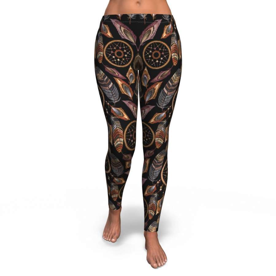 Brown Boho Peacock Dream Catcher Feather Pattern Print Pattern Women Leggings