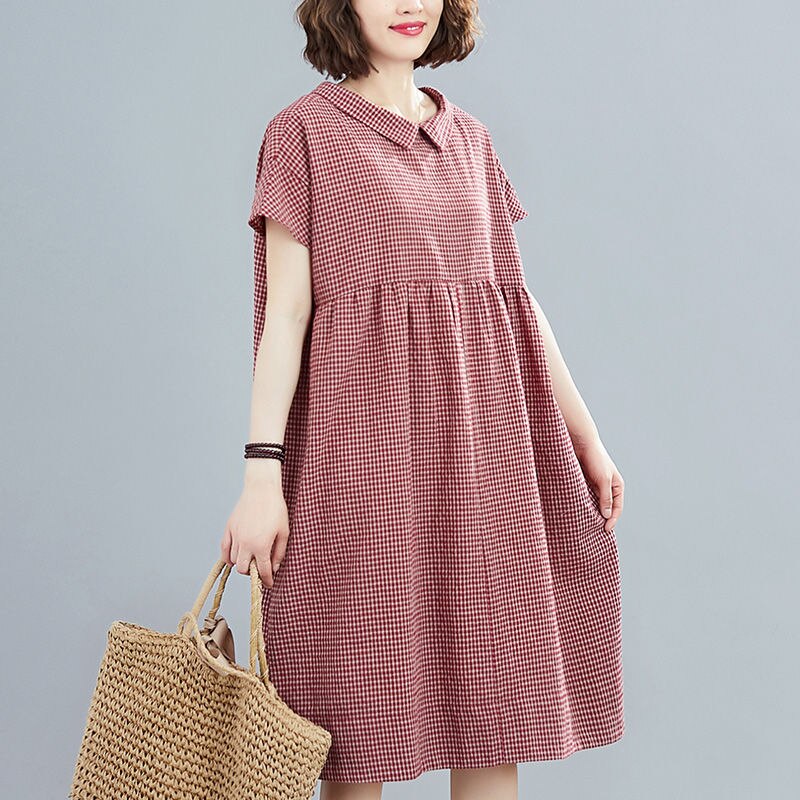 Women Summer Casual Dress New Arrival 2022 Vintage Style Plaid Print Loose Comfortable Female Knee-length Cotton Dresses D298 alx