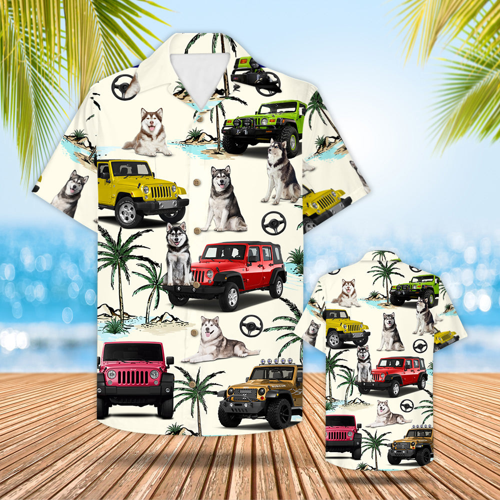 Jeep Husky Hawaiian Shirt – Gift For Jeep Trips – Husky And Jeep Pattern Trna