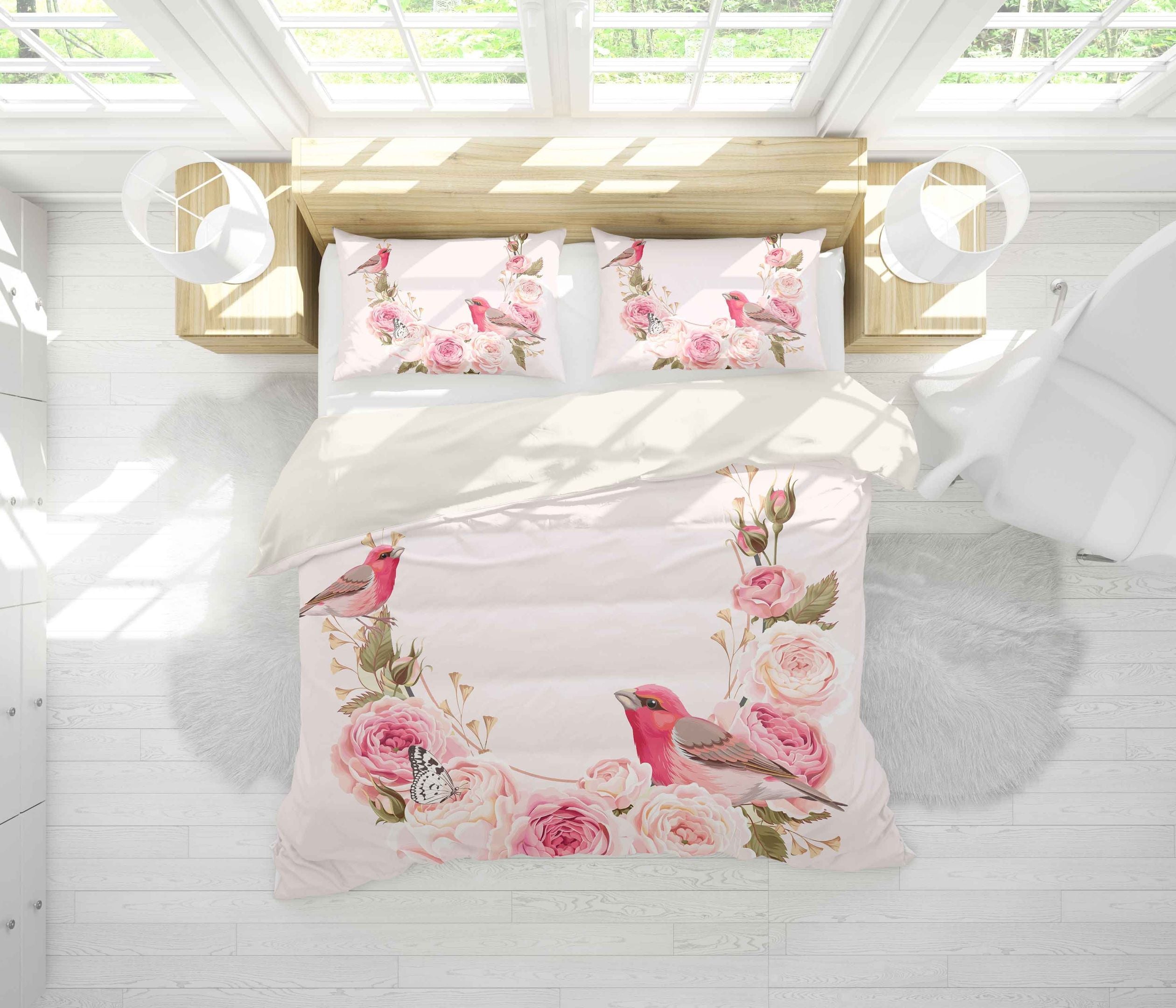 3D Color Flowers Bird Pink Background Comfortable Bedding Set Bedroom Decor