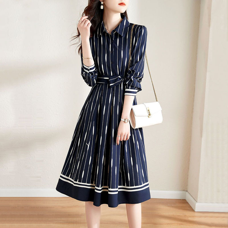 Spring New Fashion Commuter Bandage Waist Dress Women’s Clothing Long Sleeve Elegant Ladies Striped Printed All-match Dresses alx