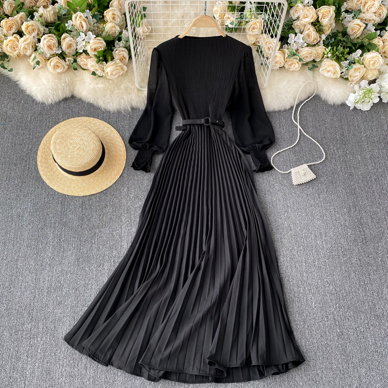 Autumn Fashion Streetwear Long Dress Design French Pleated Maxi Dress Women Elegant O Neck Long Sleeve A-line Dress alx