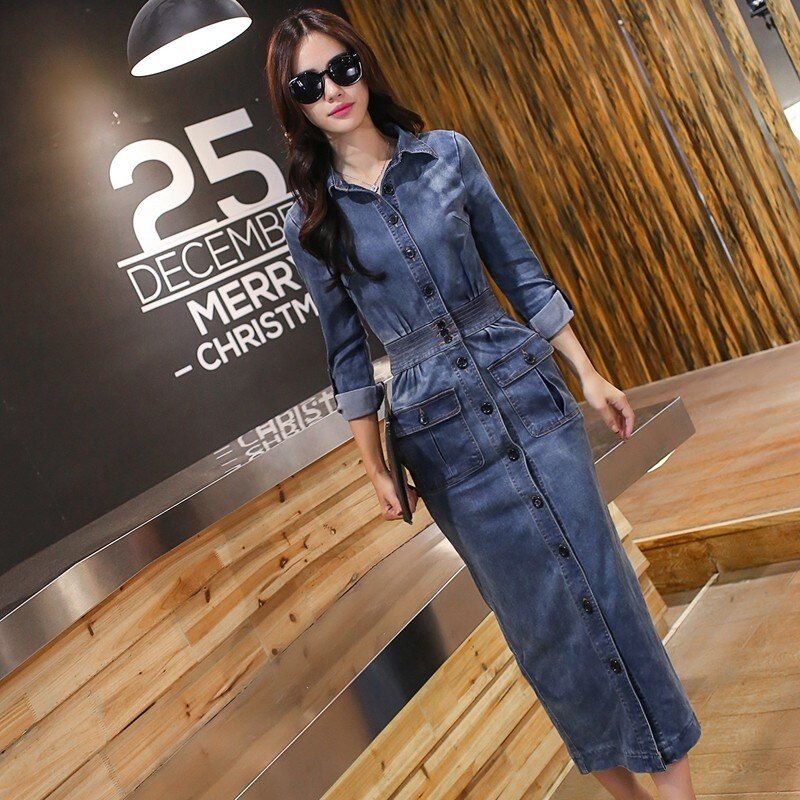 Vintage Long Sleeve Medium Length Denim Dresses