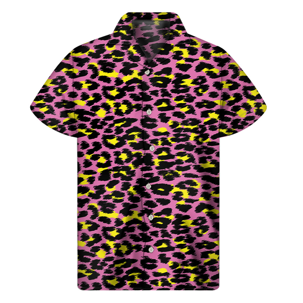 Pink And Yellow Leopard Print Men’S Short Sleeve Shirt