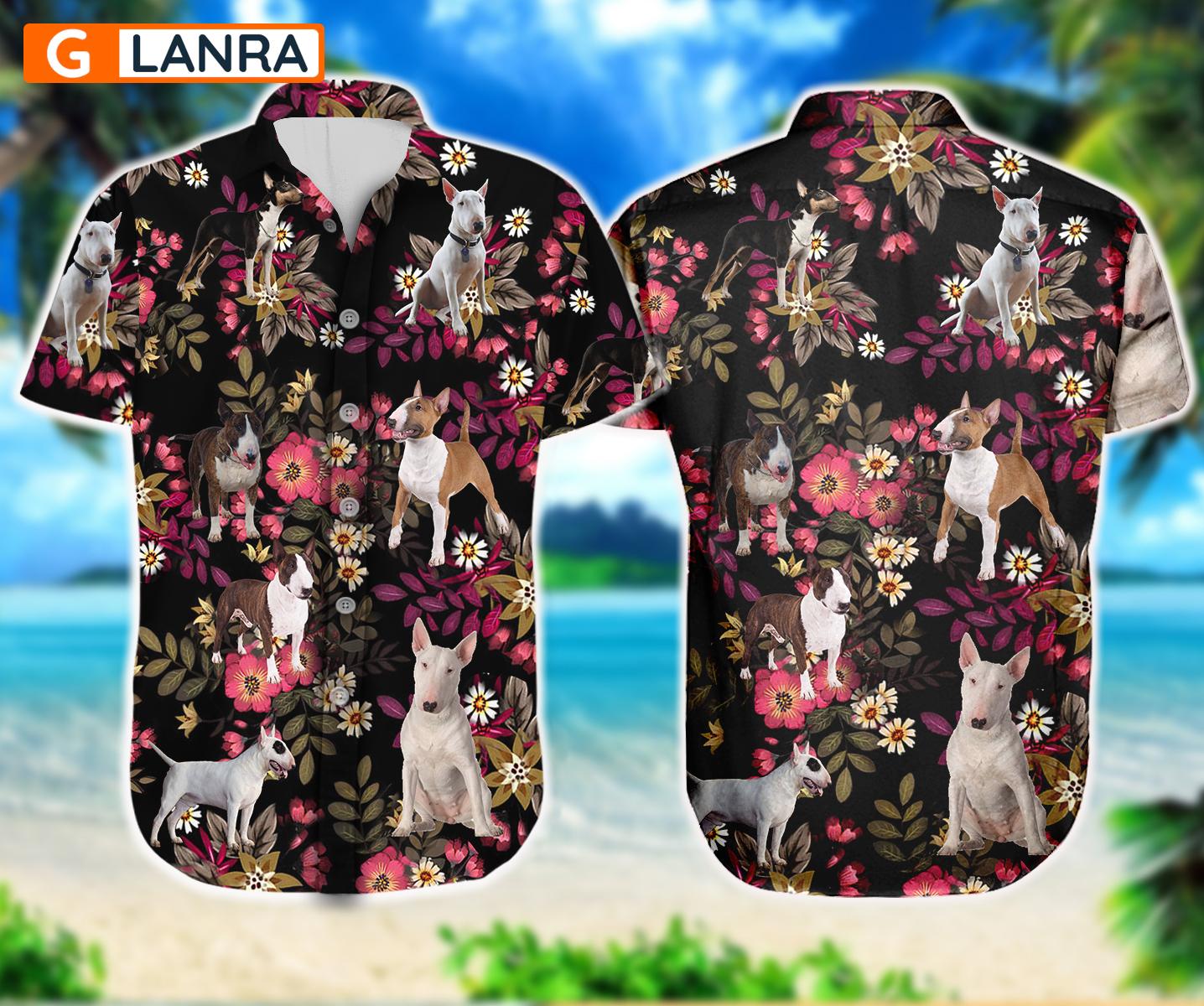 Bull Terrier Palm Leaves Button Shirt, Bull Terrier Button Shirt, Summer Dog Hawaiian Shirt, Dog Leaf Hawaiian Shirt, Summer Tropical Shirt