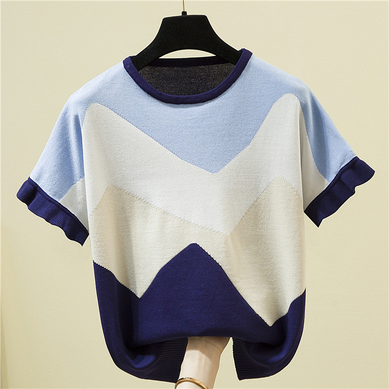 Colorful Patchwork Ruffles Short Sleeve Knitted Sweater Women Loose Pullover Fashion Tops 2022 Spring Summer alx