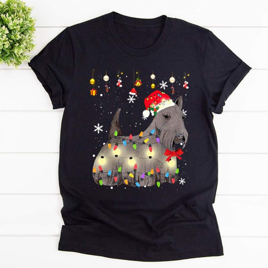 Scottish terrier dog christmas light santa hat ornament candy cane black cotton t shirt for men and women S-6XL