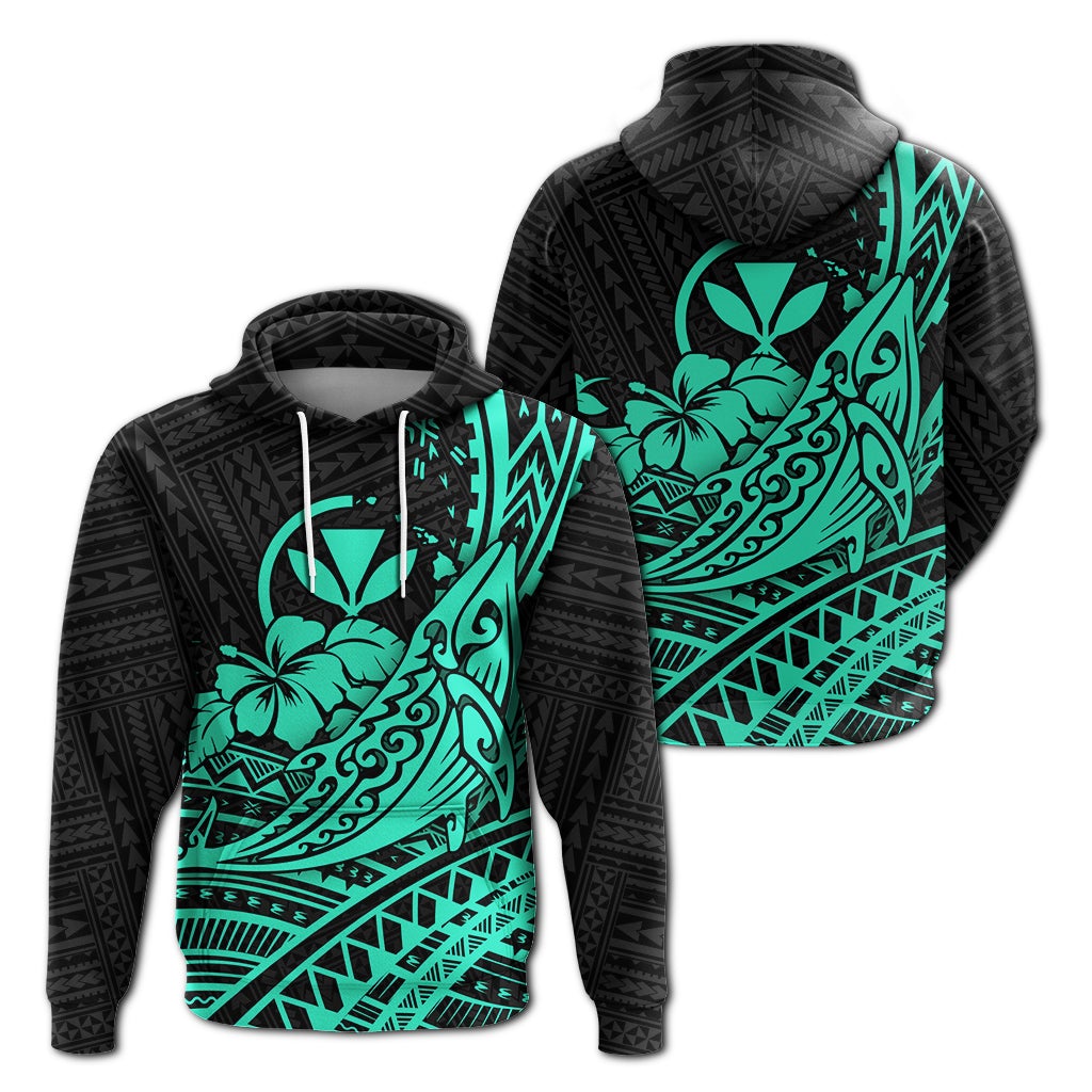 Hawaii Humpback Whale With Hibiscus Tribal Turquoise Hoodie – Lt12