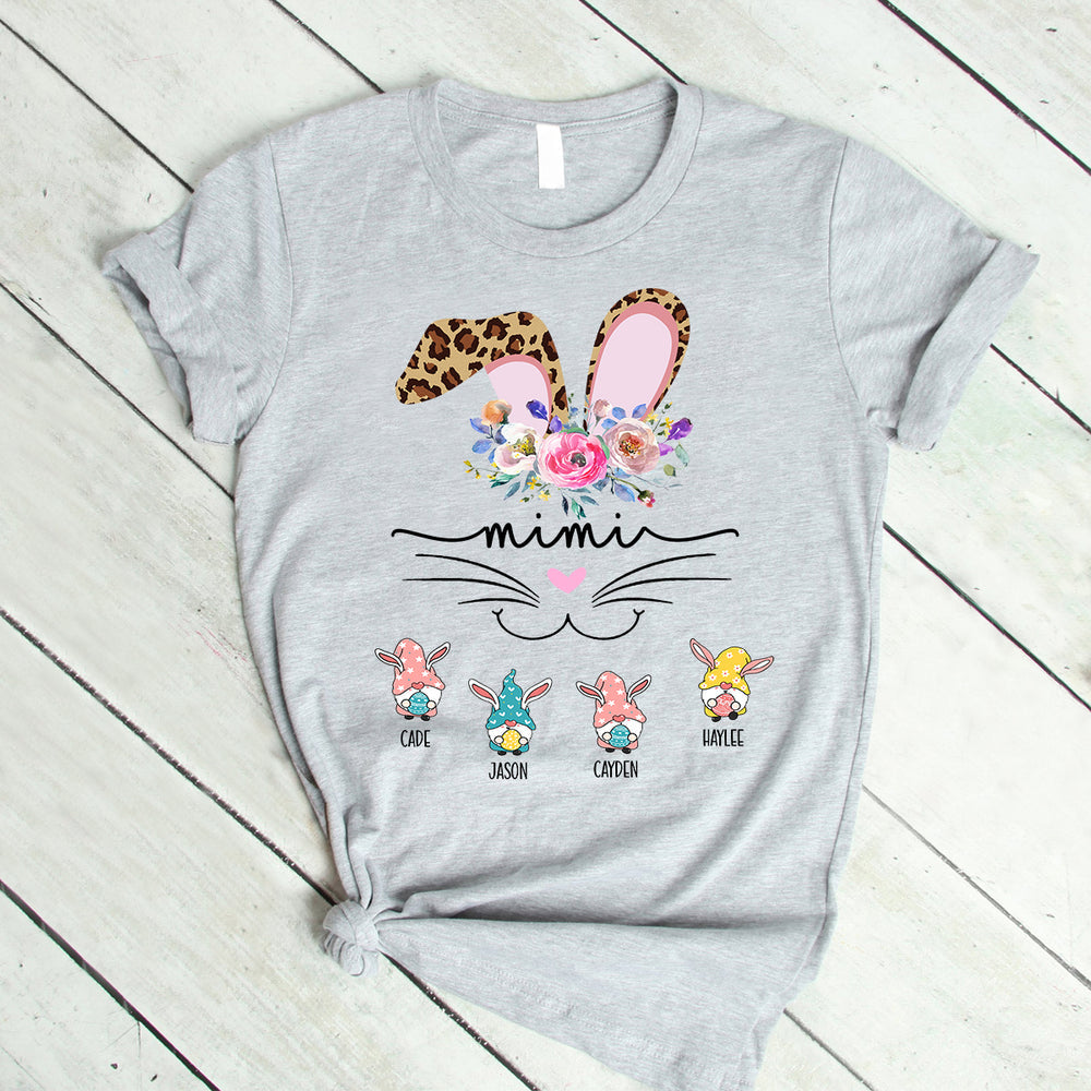 Personalized T-Shirt For Grandma Mimi Bunny Leopard Design Flower & Cute Bunny Printed Custom Grandkids Name