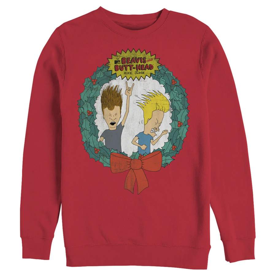 Beavis and Butt-Head Men’s Christmas Logo Rocker Wreath  Sweatshirt