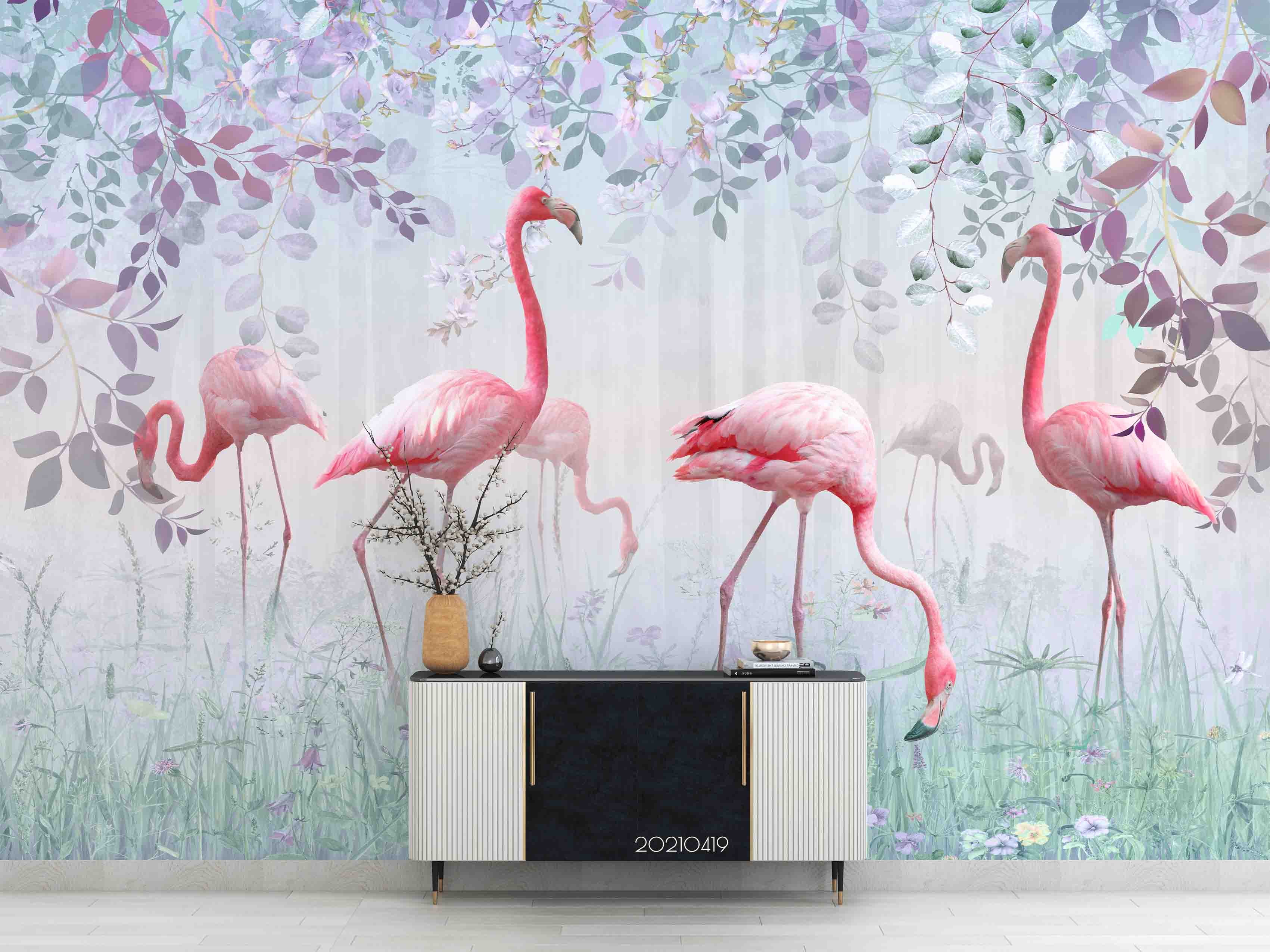 3D Watercolor Leaf Animal Flamingo Wall Mural Wallpaper Lqh 633