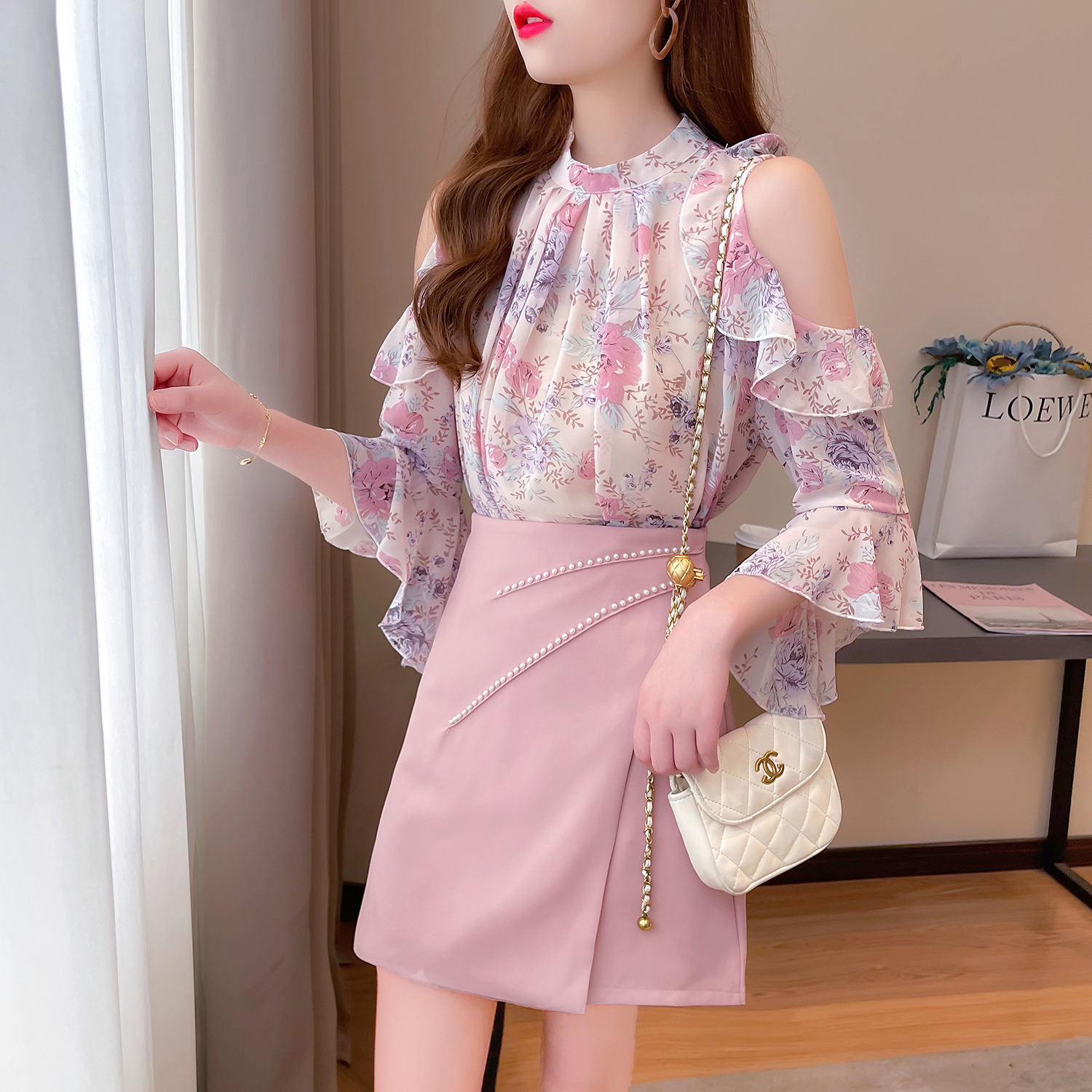 Women New Two Piece Set Outfits Summer Temperament Lady Ruffled Off-shoulder Floral Chiffon Shirt Tops + Beaded Half Skirt Suits alx