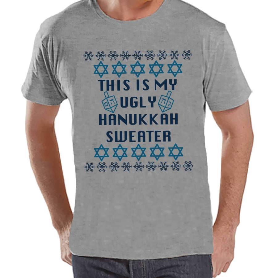 Ugly Hanukkah Sweater – Men’s Funny Ugly Sweater Grey T-shirt – Mens Funny Happy Hanukkah Outfit – Hanukkah Gift Idea – Ugly Sweater Party