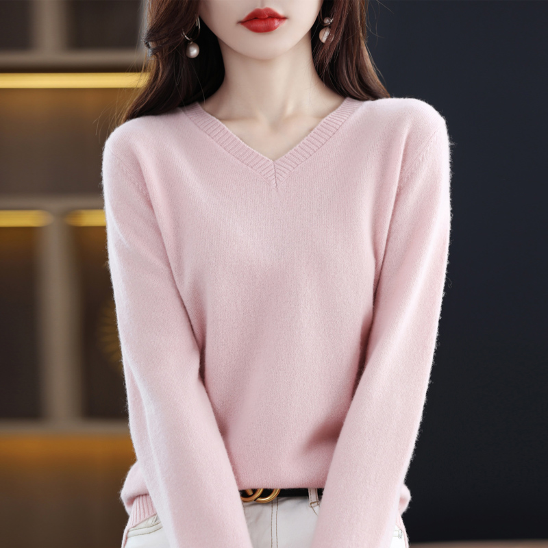 Autumn And Winter Knitwear Women’s V-Neck Long-Sleeved Bottoming Shirt Fashion All-Match Small Fragrance Sweater 100% Wool Top alx