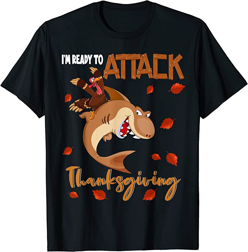 Attack Thanksgiving Funny Autumn Turkey Riding Shark Kids T-Shirt