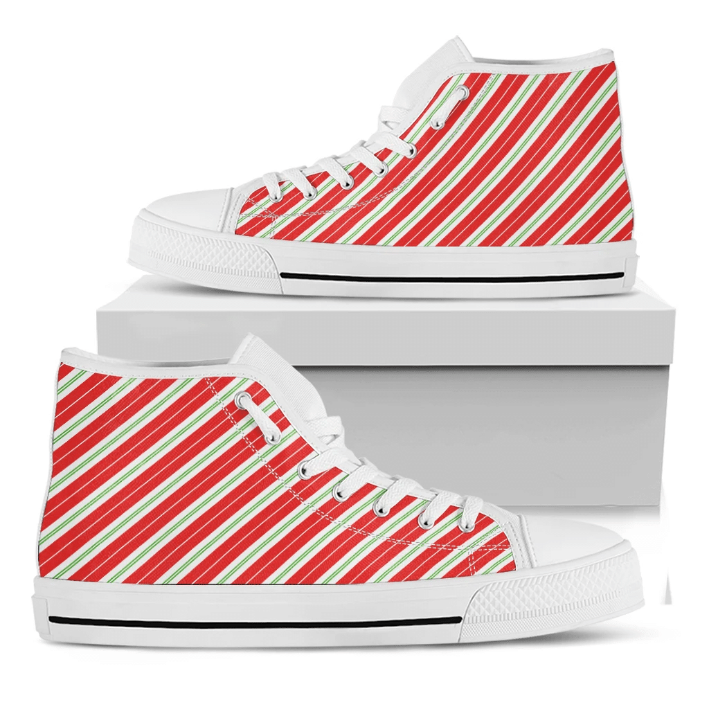 Christmas Candy Cane Stripes Print White High Top Shoes For Men And Women