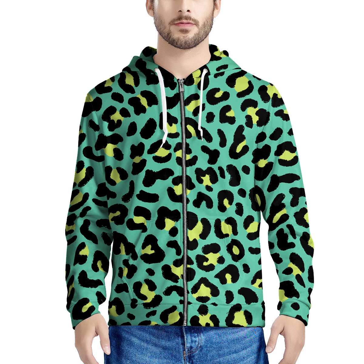 Green Leopard Men’S Zip Up Hoodie